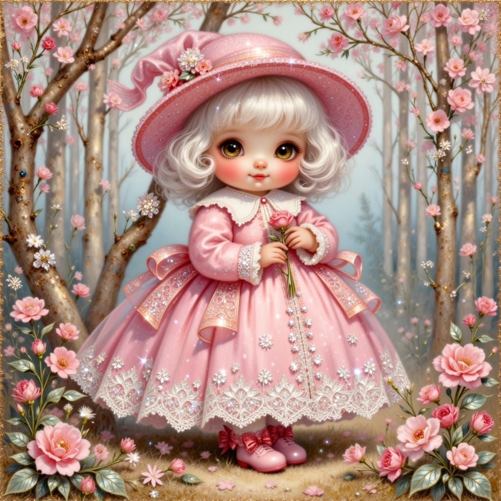 Toddler Girl in Pink Dress with White Mouse, Oil Painting St...