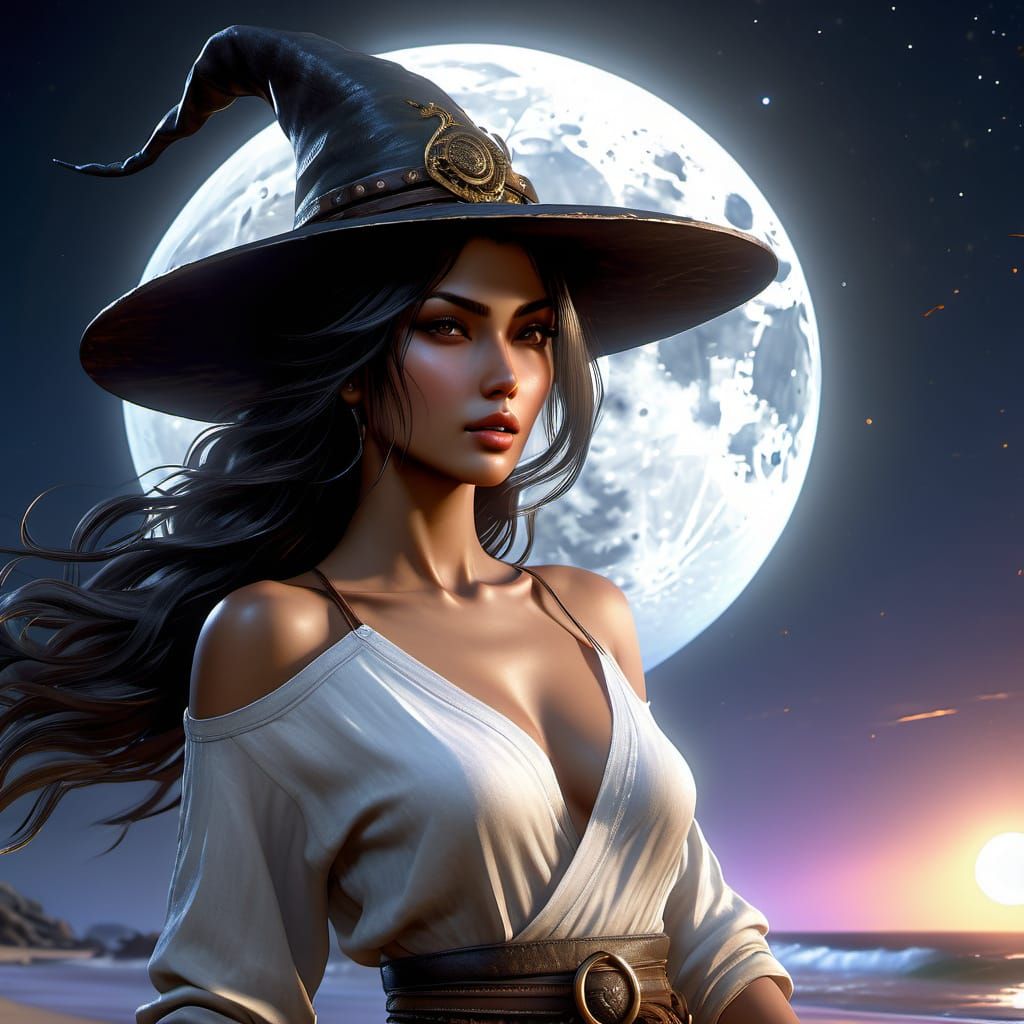 Alluring Witch on Beach Under Moonlight: Digital Art