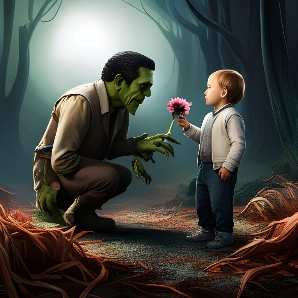 Toddler Offers Flower to Frankenstein in Detailed CGI