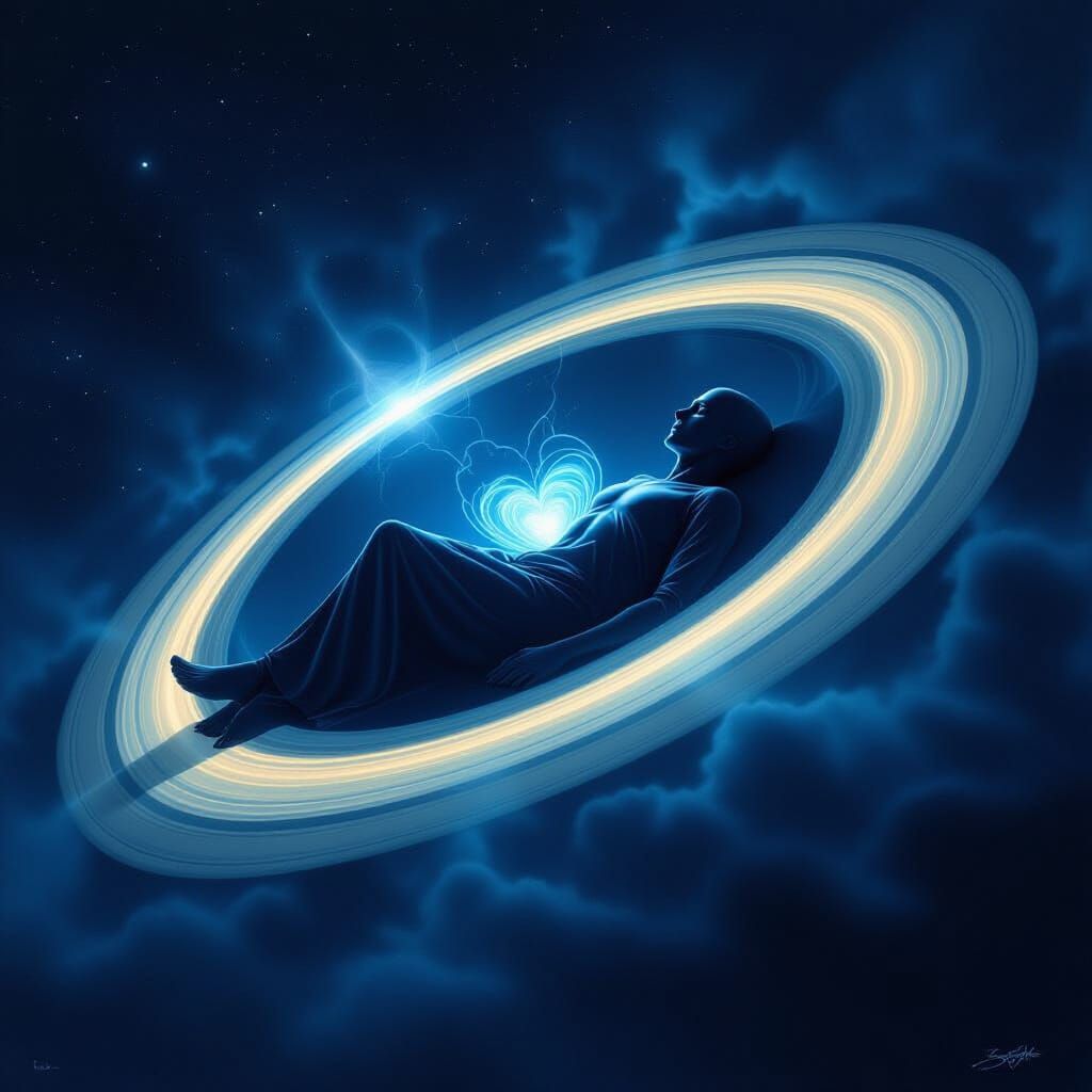 Dormant Figure in Saturn's Cube with Pulsing Heart