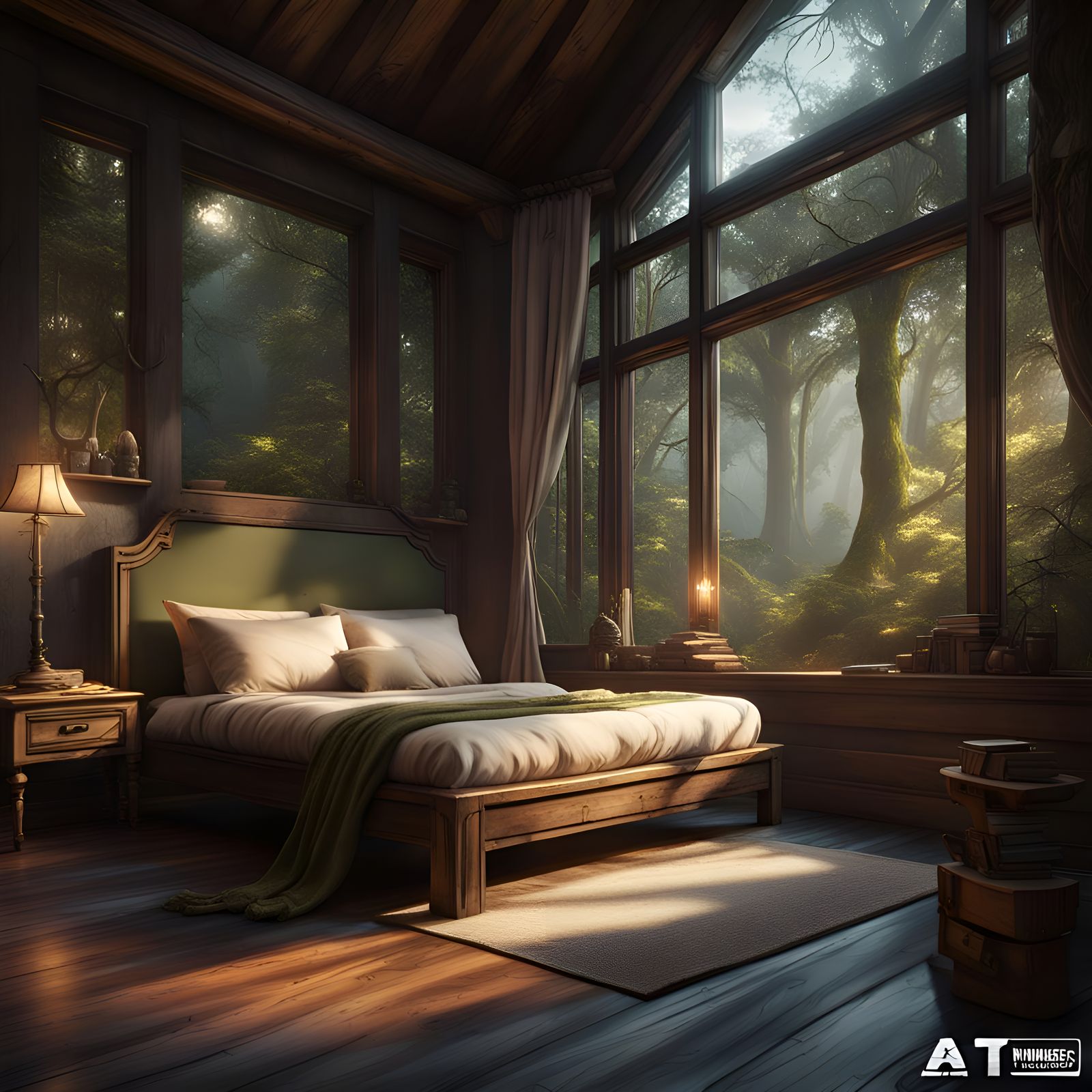Bedroom with Forest View in Detailed Matte Painting