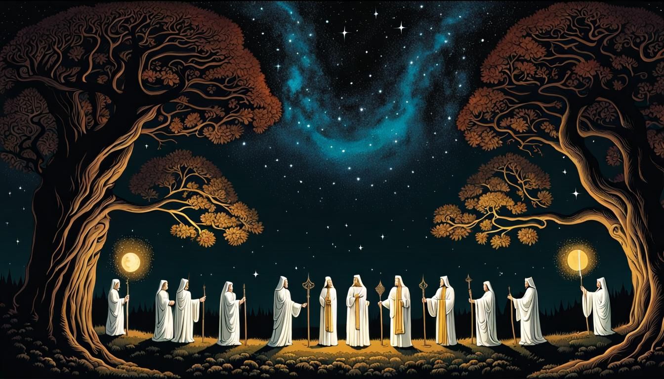 Druids Gather Under Milky Way: Colored Engraving