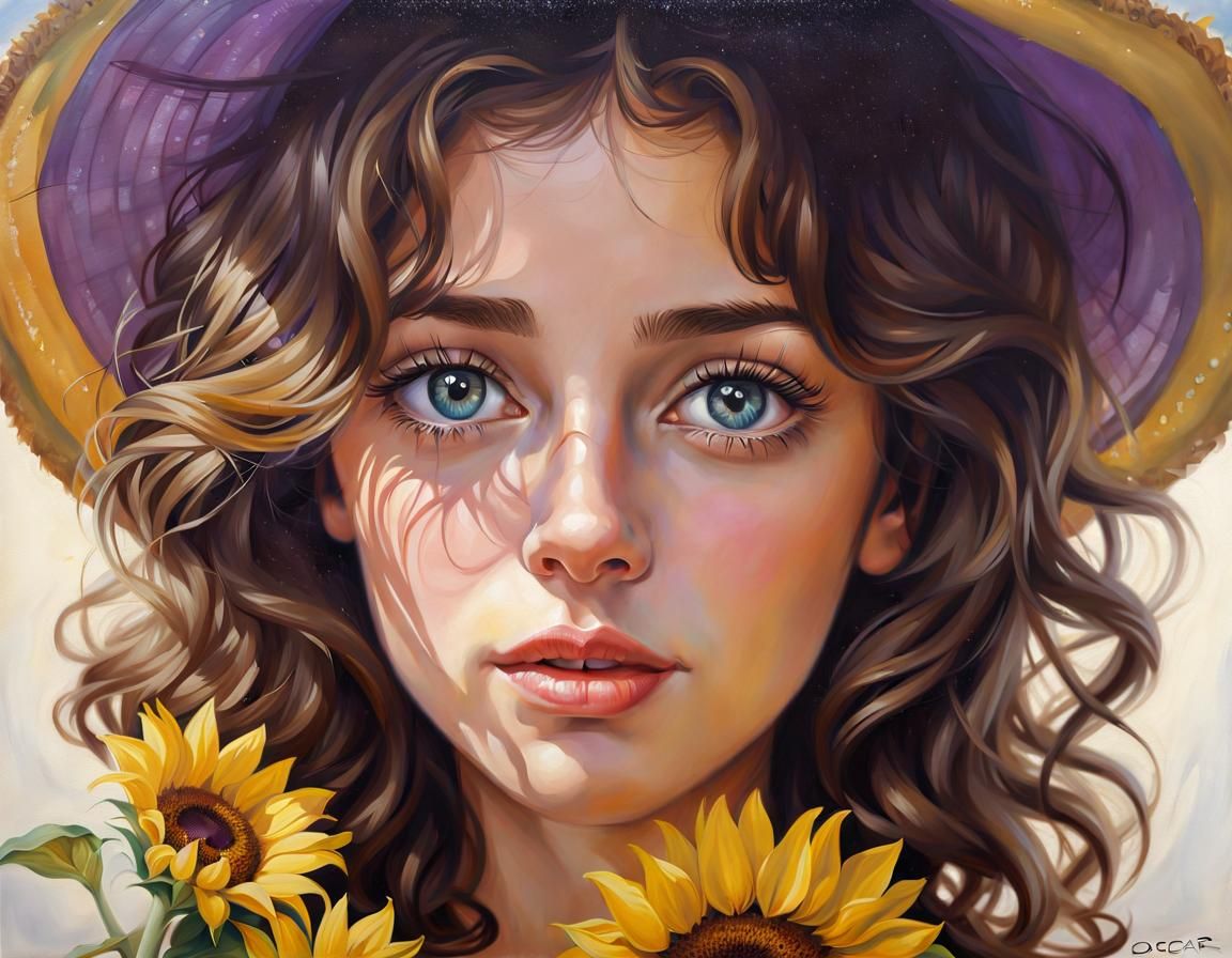 Summer Goddess in Sunflower Dress: Photorealistic Oil Painti...