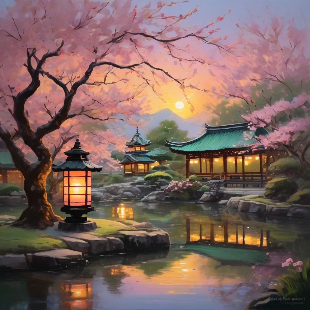 Japanese Garden at Sunset in Warm Oil Painting Style
