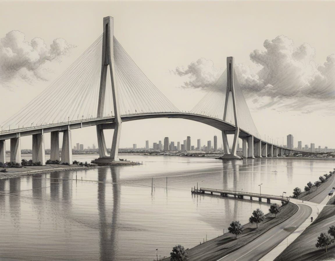 Pencil Sketch of the Fred Hartman Bridge in Houston, Texas