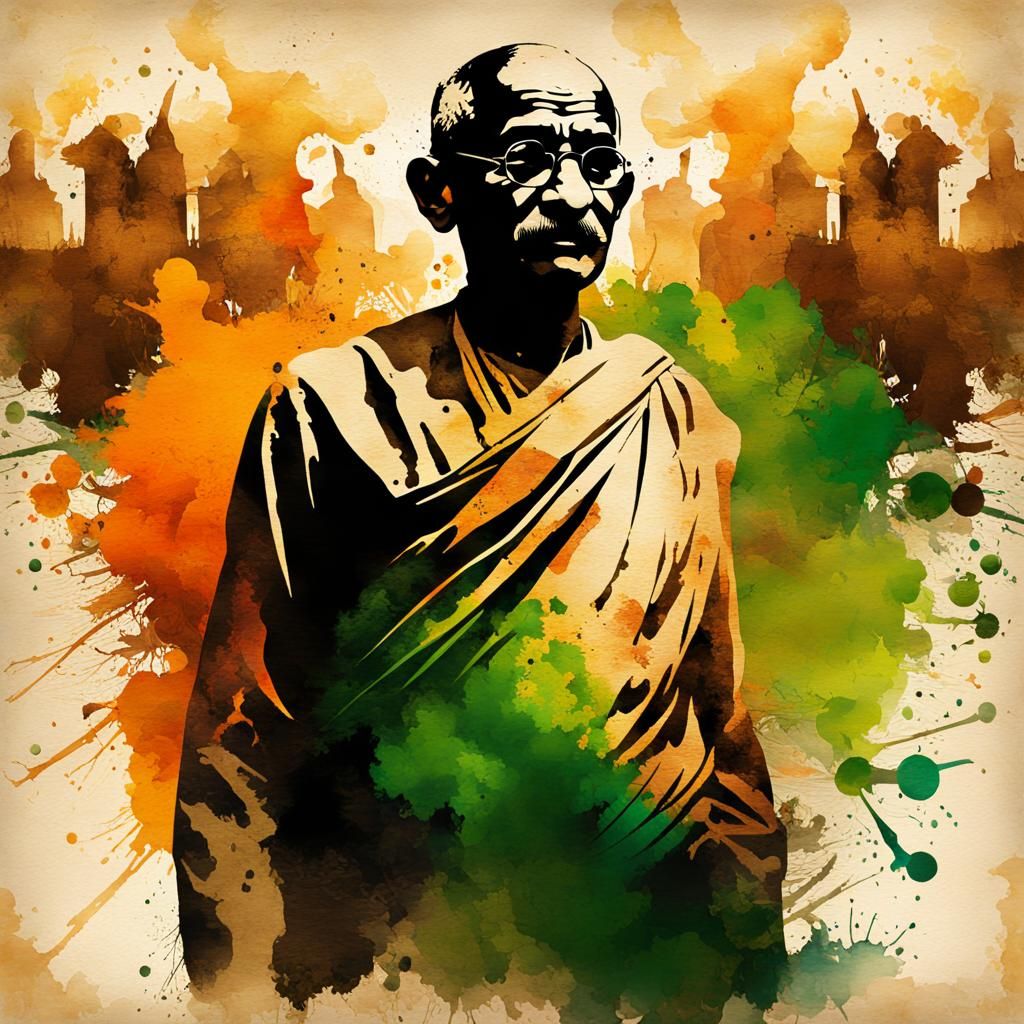 Gandhi Silhouette with Crowd: Expressionistic Double Exposur...