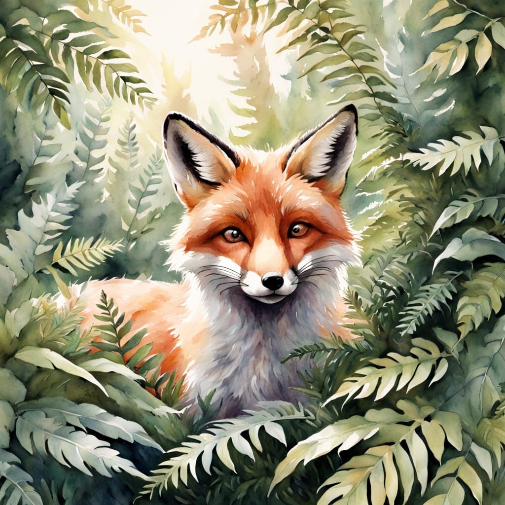 Delicate Fox Hides Among Whimsical Ferns in Watercolor Style
