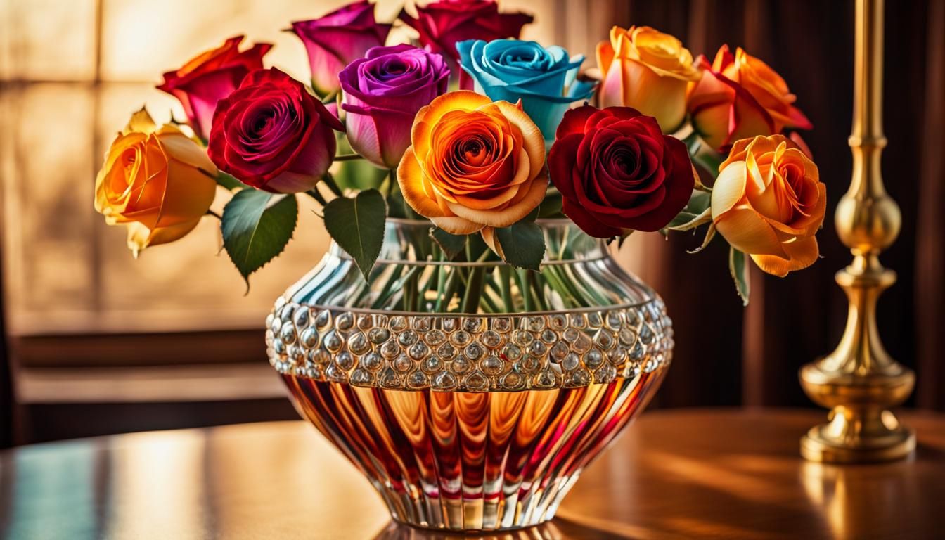 Art Nouveau Roses in Tiffany Crystal Vase