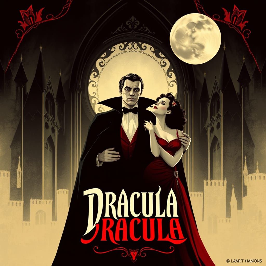 Dracula Movie Poster in Art Nouveau Style with Gothic Backgr...