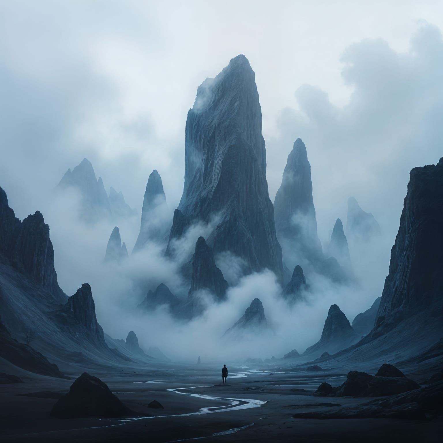 Misty Rock Formations in Desolate Landscape