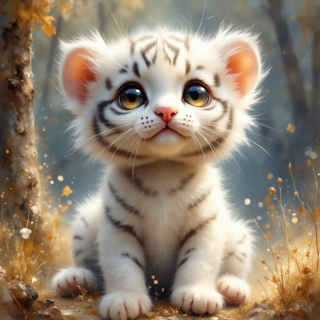 Adorable Chibi White Tiger Cub with Sparkles