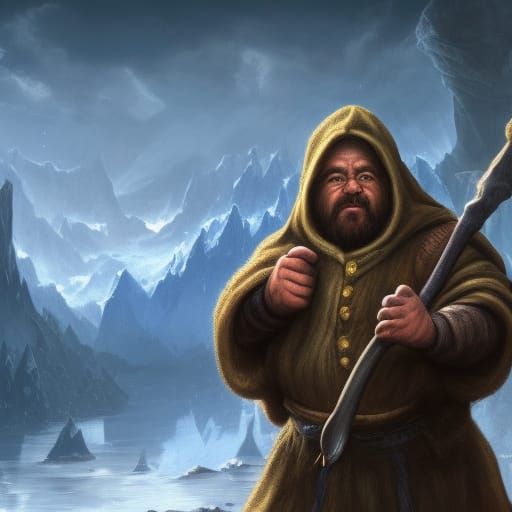 Dwarf with Axe and Bread in Mountain Landscape