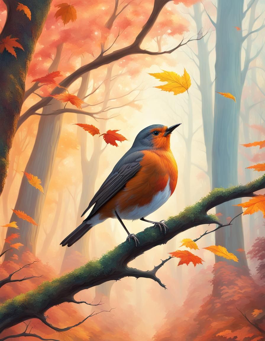 Robin in Ethereal Hyperrealistic Autumn Forest