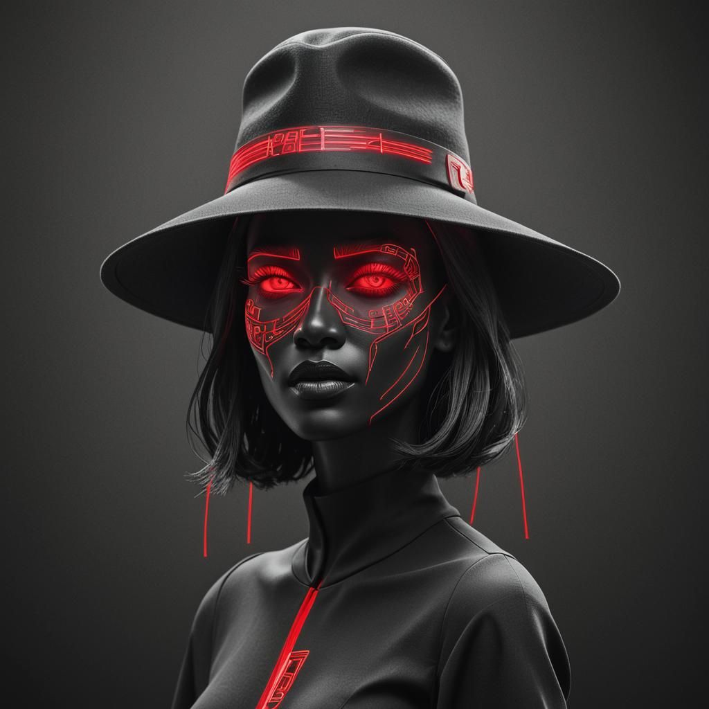 Futuristic 3D Woman with Neon Text and Black Hat