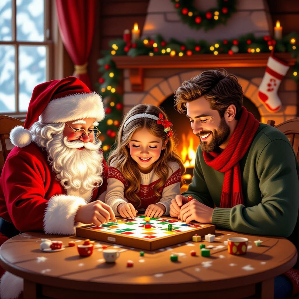 Santa and Family Play Ludo by Firelight