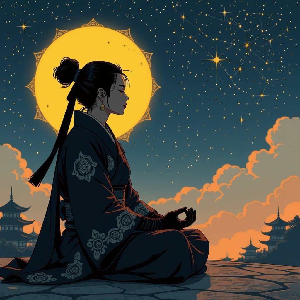 Ninja Meditating Under Starry Night Sky