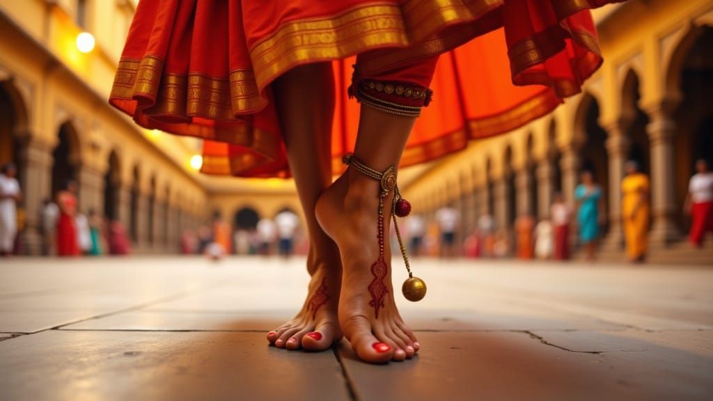 Bharatanatyam Dancer's Feet in Temple Courtyard
