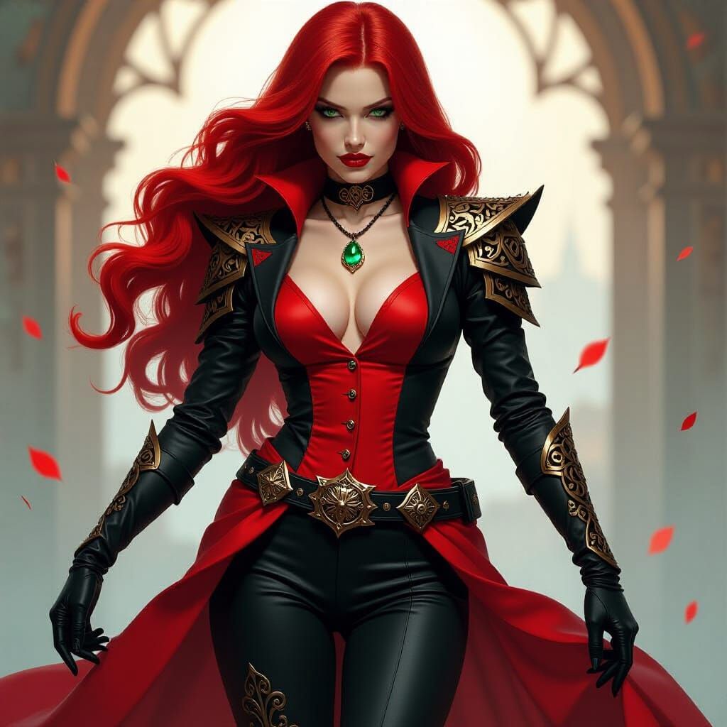 Tiefling Woman in Black and Red Suit, Fantasy Art