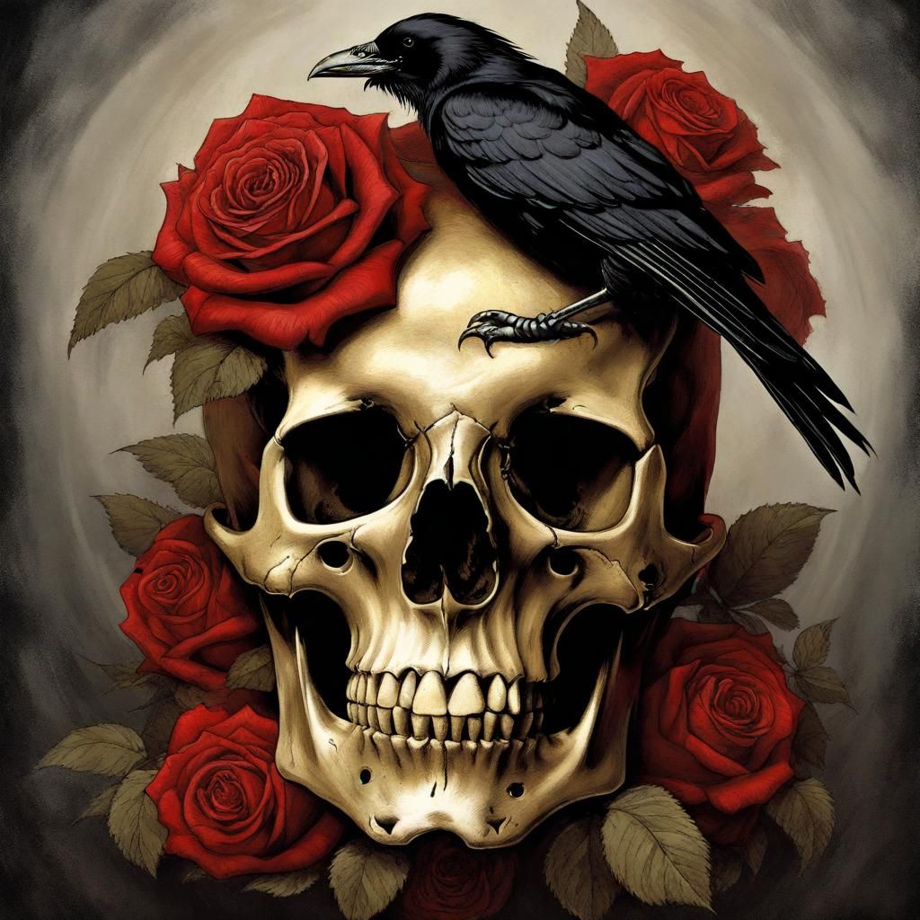 Gothic Skull with Roses and Crow in Victorian Style