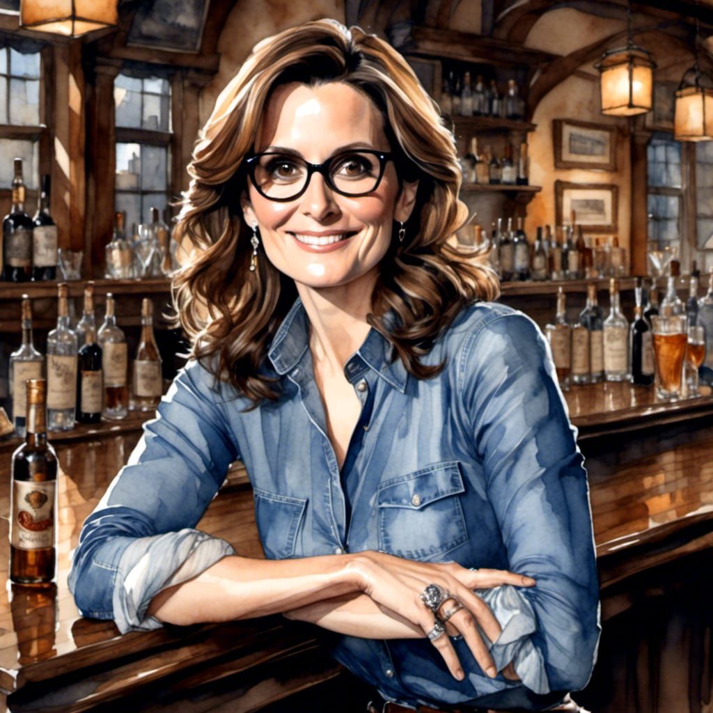 Watercolor Portrait of Woman at Tavern Bar