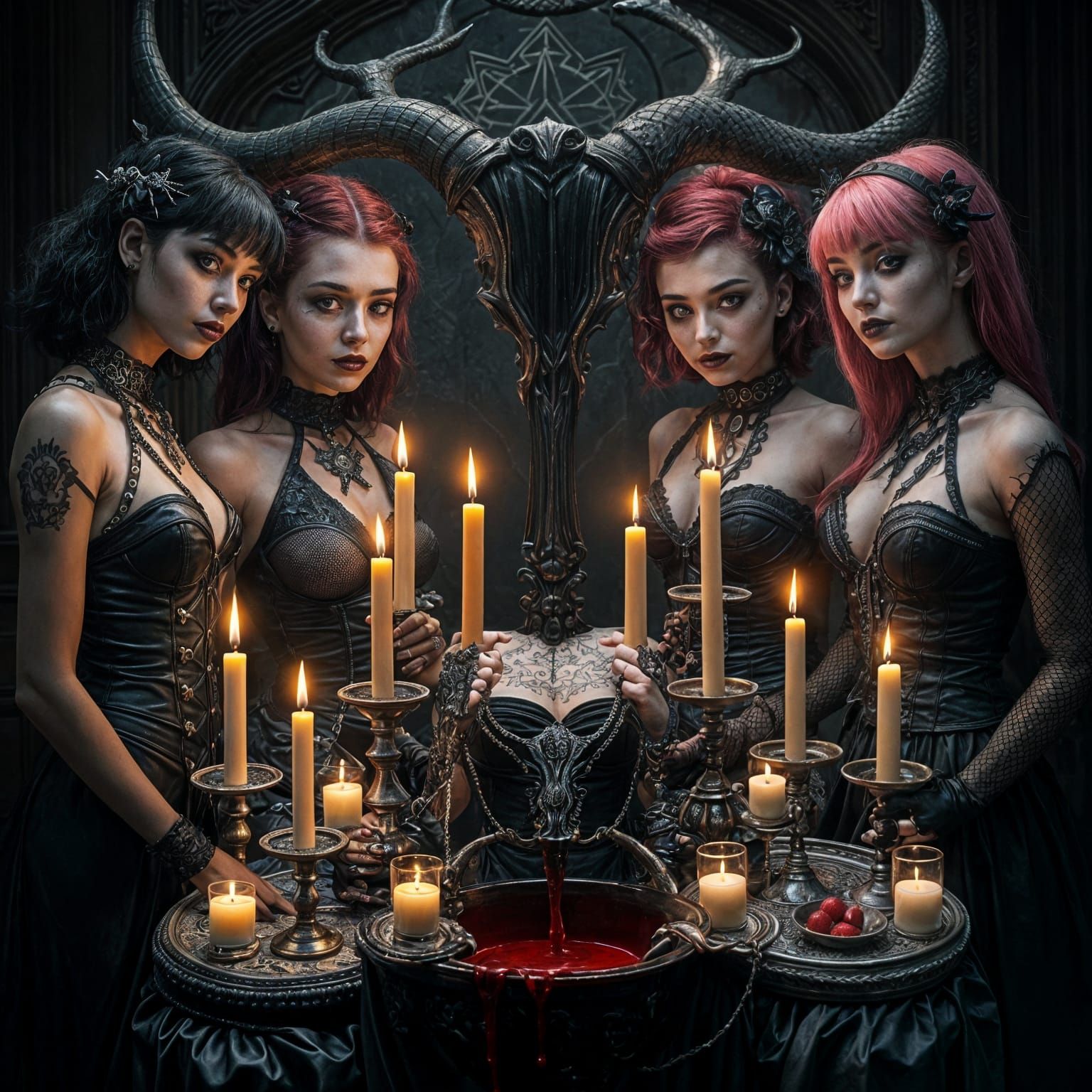 Gothic Punk Women at Altar with Flickering Candles