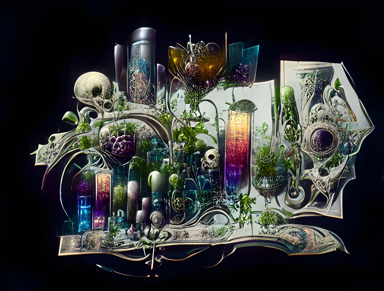 Overgrown Biopunk Apothecary with Macabre Stained Glass