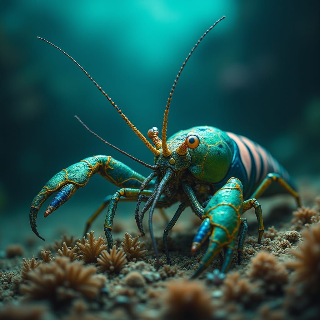 Majestic Blue-Green Peacock Mantis Shrimp in Haunting Underw...