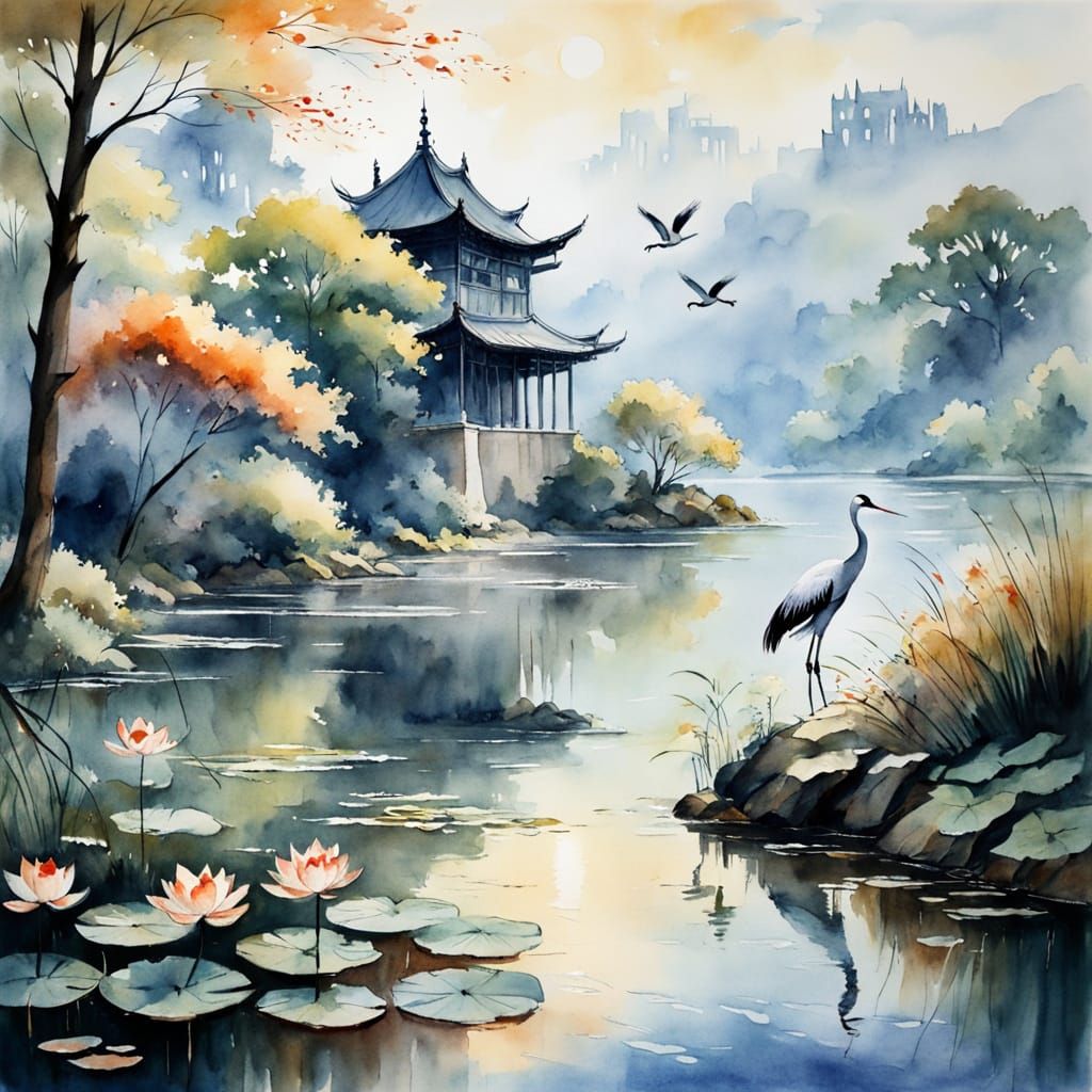 Tranquil Lakeside Monastery in Watercolour Splendour
