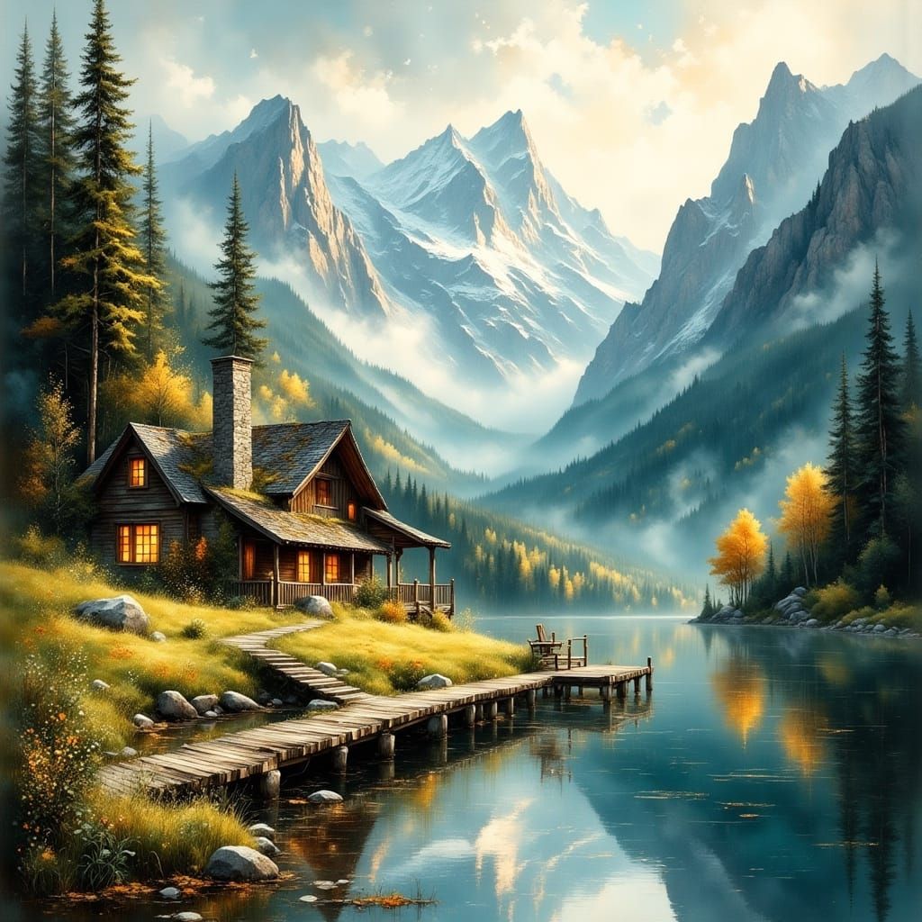 Hyperrealistic Cottage Retreat on Still Lake