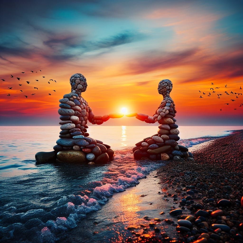 Sunset Beach Scene with Stone Figures