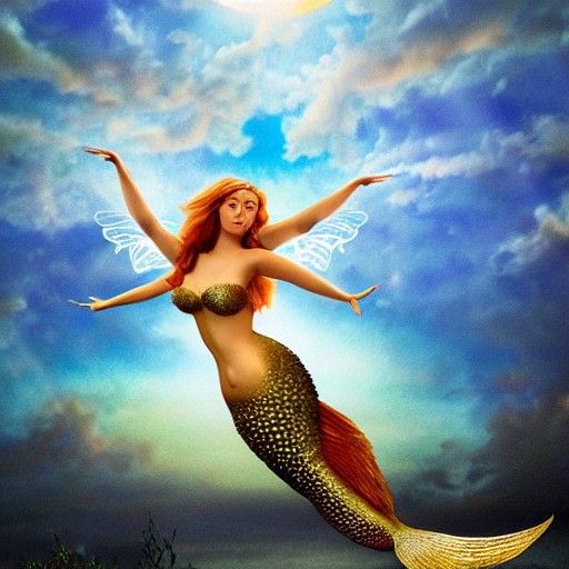 Mermaid Fairy Ascending to Sunrise Sky