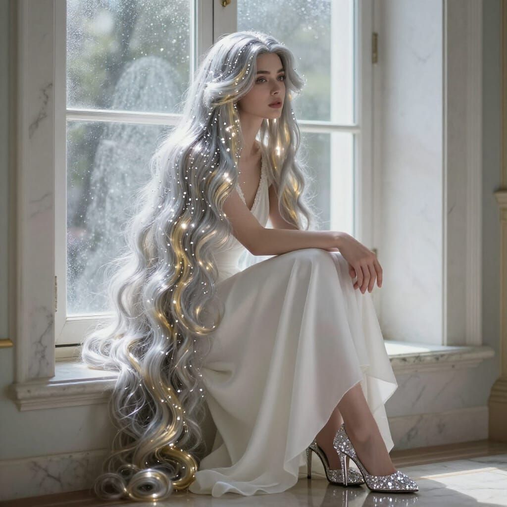 Elegant Woman with Silver-Gold Hair by Crystal Window in Dig...