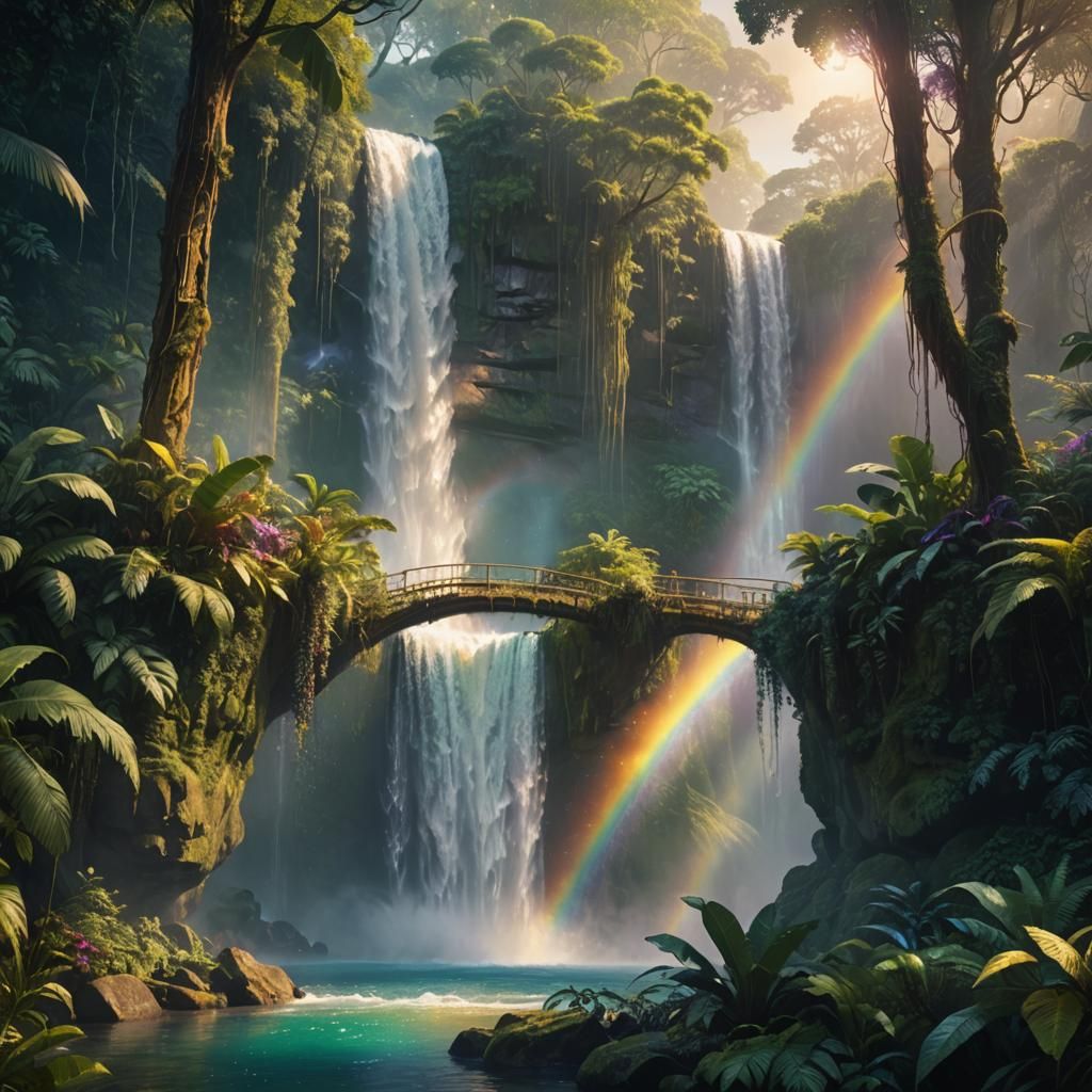 Mystical Rainbow Over Jungle Waterfall, Digital Painting