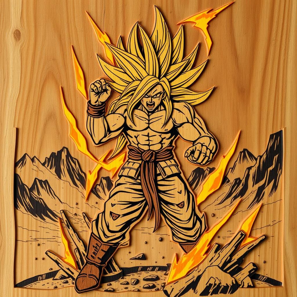 Woodcut of Goku-like Character Charging Energy