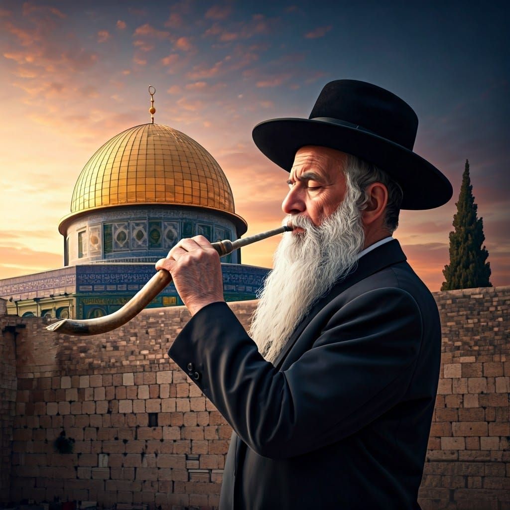 Rabbi at Western Wall with Shofar, Fantasy Art