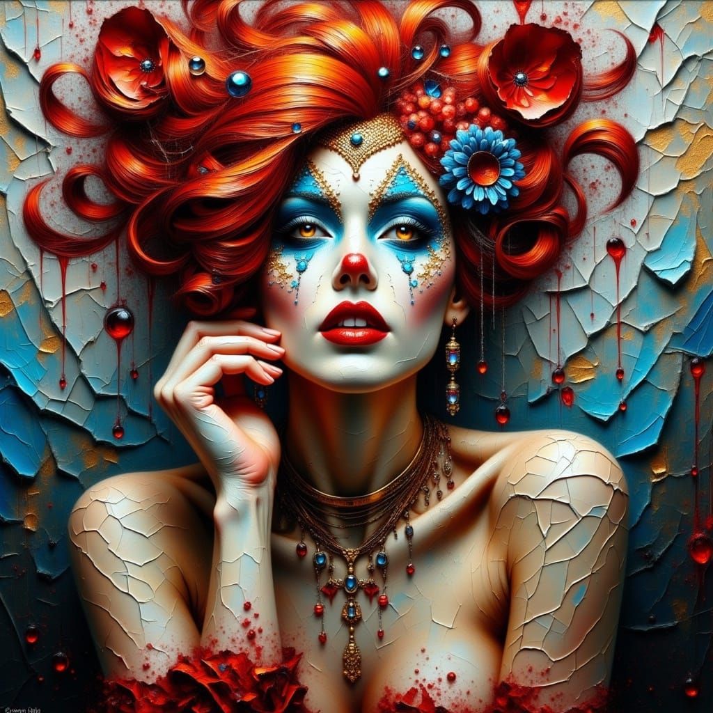 Heavily Textured Impasto Portrait of a Mysterious Circus Wom...