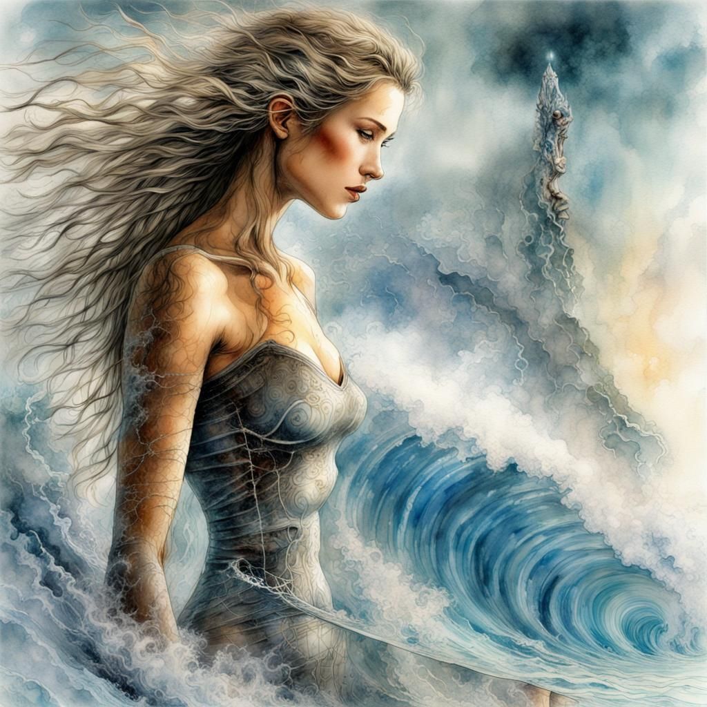 Surfer Rides a Wave in Surreal Fantasy Art