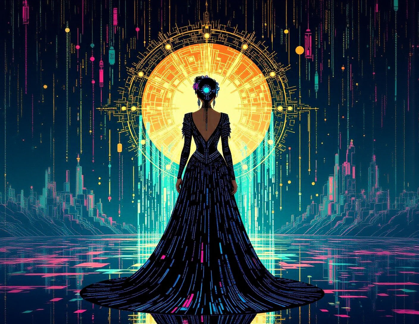 Digital Oracle in Binary Gown Before Portal
