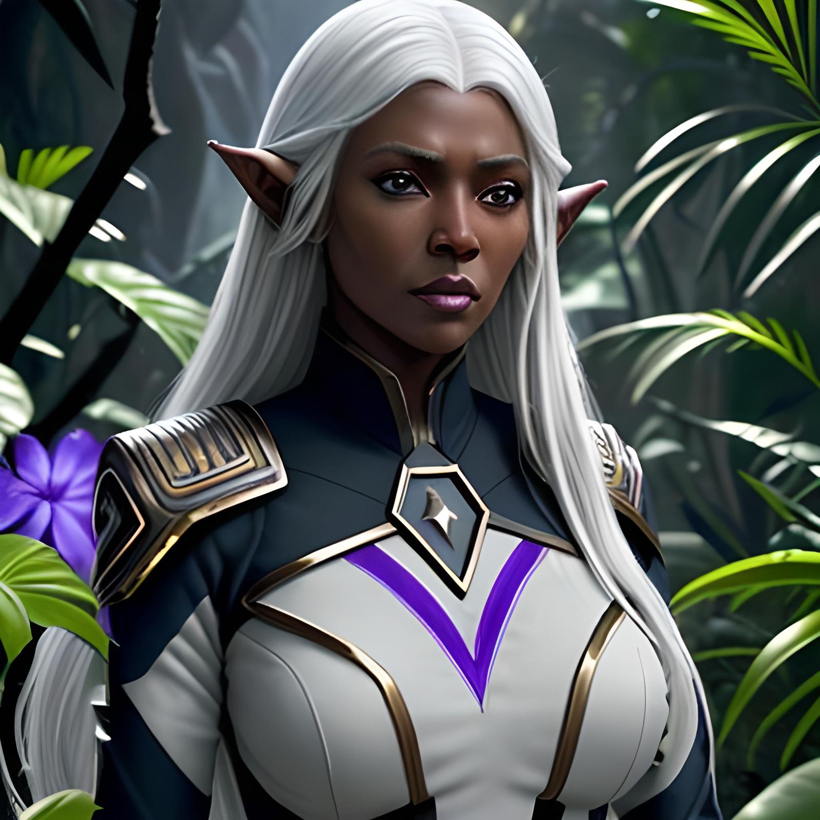 Half-Elven Woman in Romulan Uniform in Rainforest