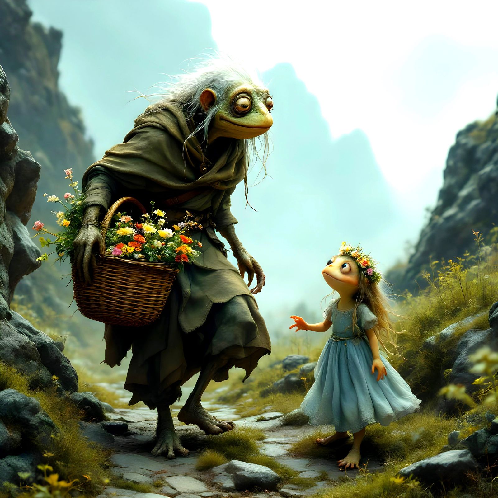 Anthropomorphic Frog Grandmothers on Mountain Path