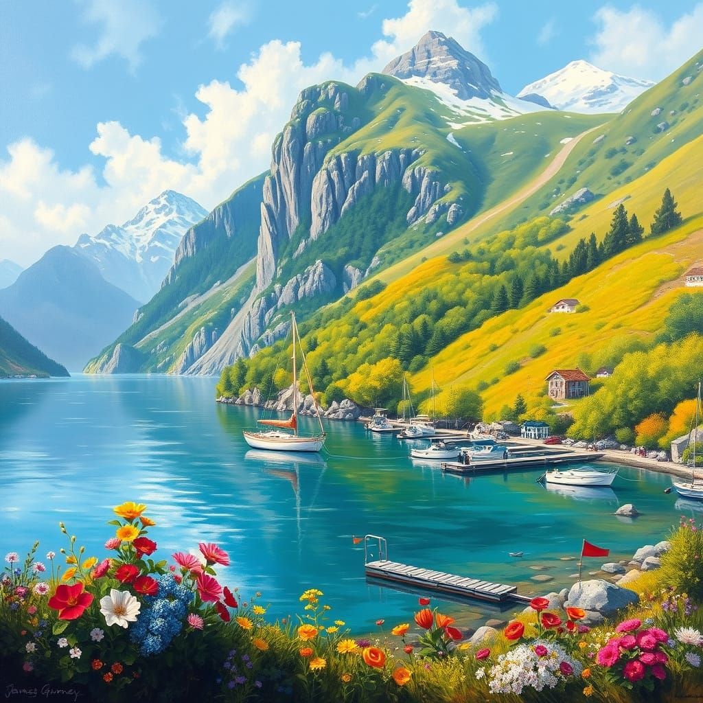 Oil Painting of a Vibrant Mountain Harbor in Spring