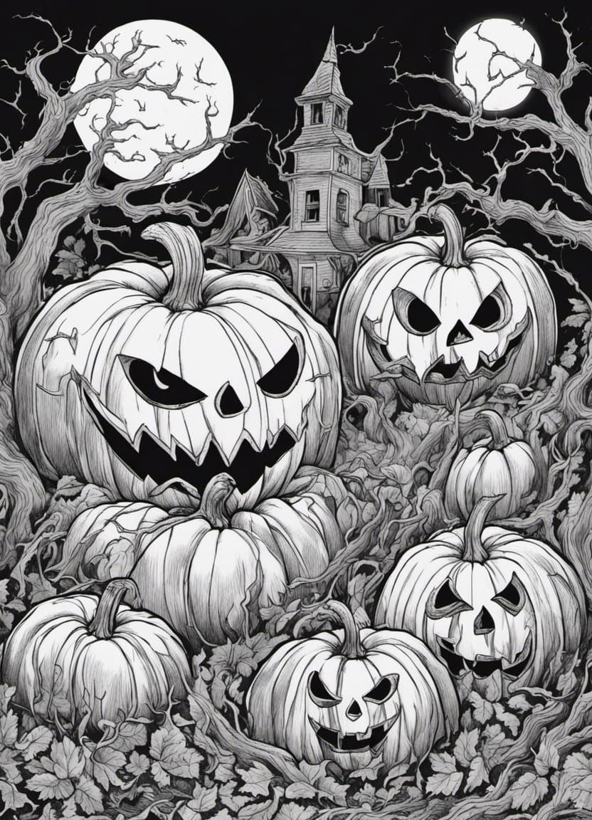 Scary Halloween Pumpkins Coloring Page in Black and White