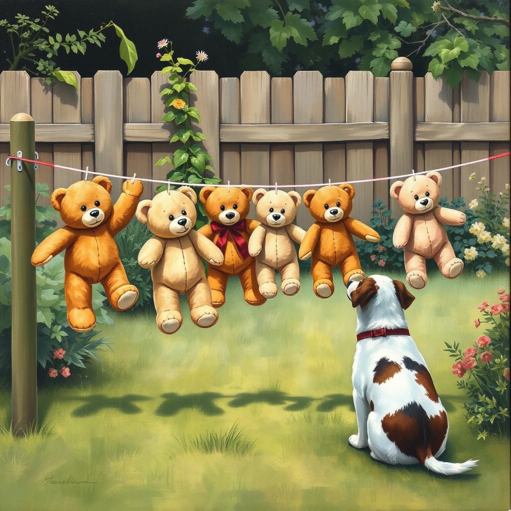 Dog Waits for Teddies Drying: Gouache Painting