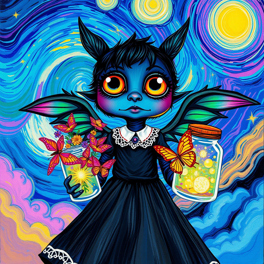 Gothic Creature with Butterflies in Van Gogh Style