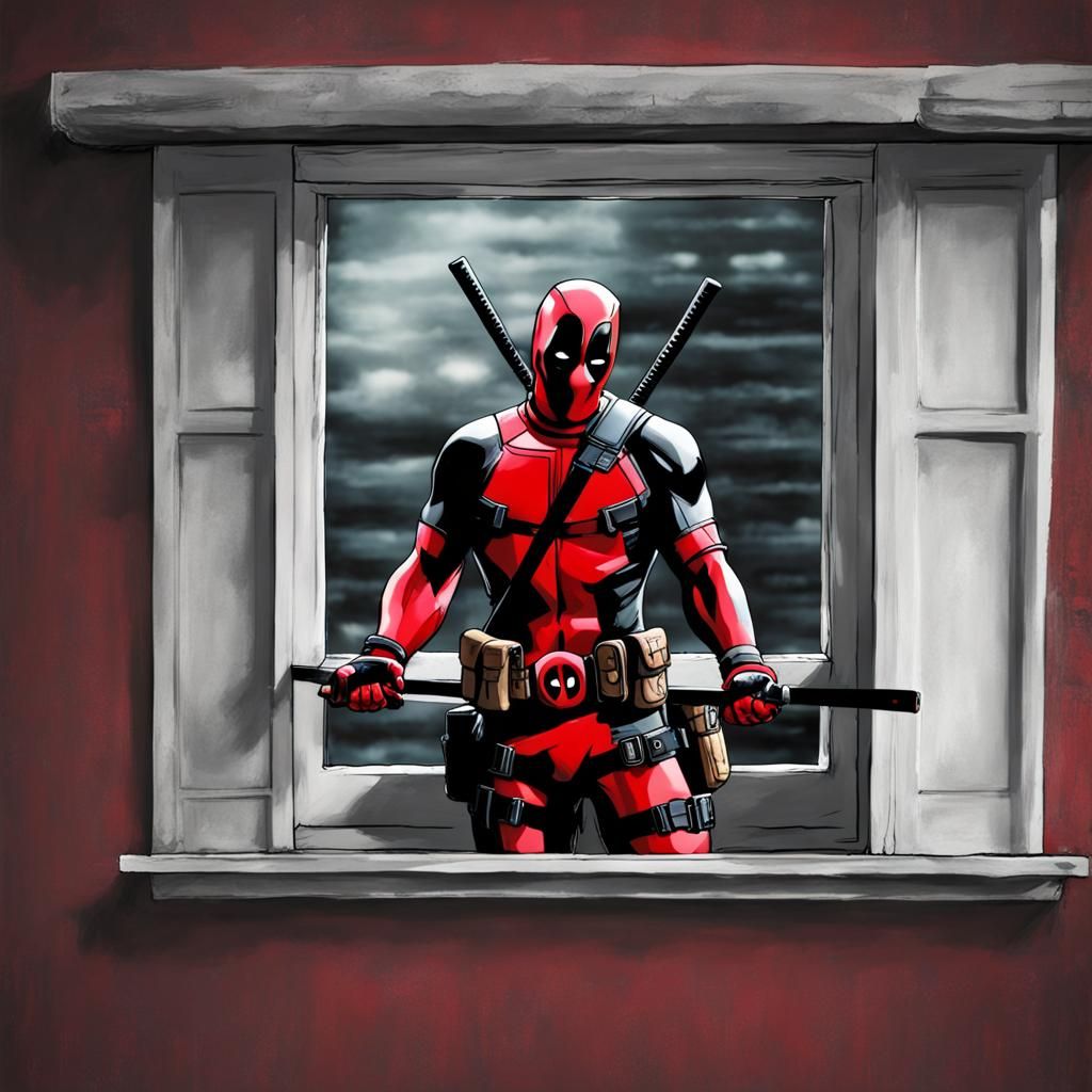Deadpool Falling Out of a Window