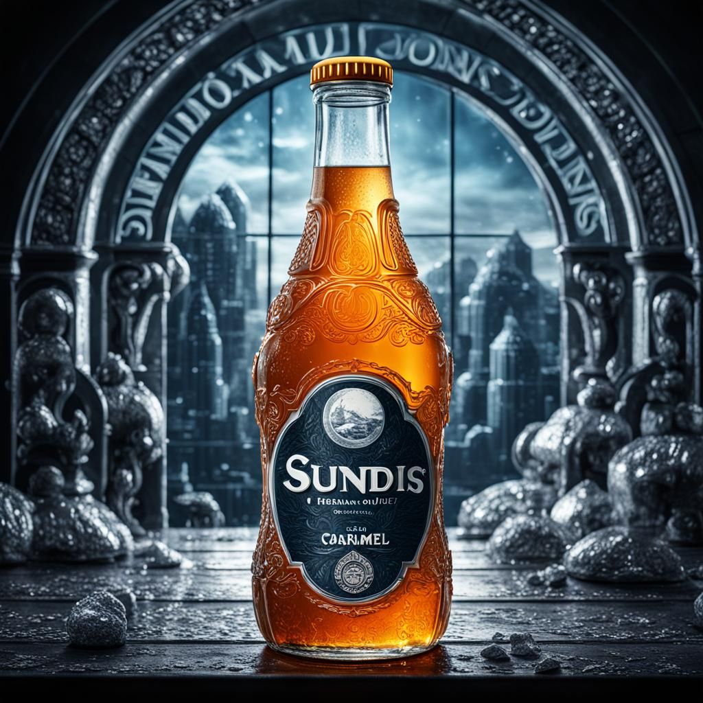 Hyperrealistic Caramel Juice Bottle with Engraved Brand