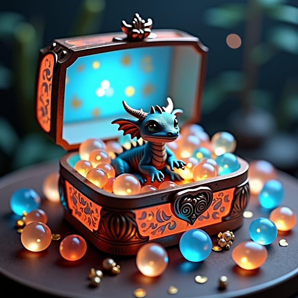 Miniature Dragon in Jewel Box, Futuristic Concept Art