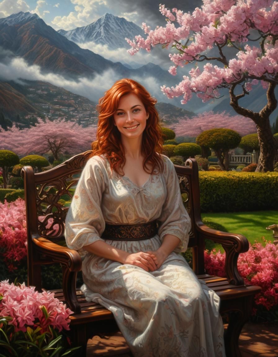 Auburn Woman in Garden: Chiaroscuro Oil Painting