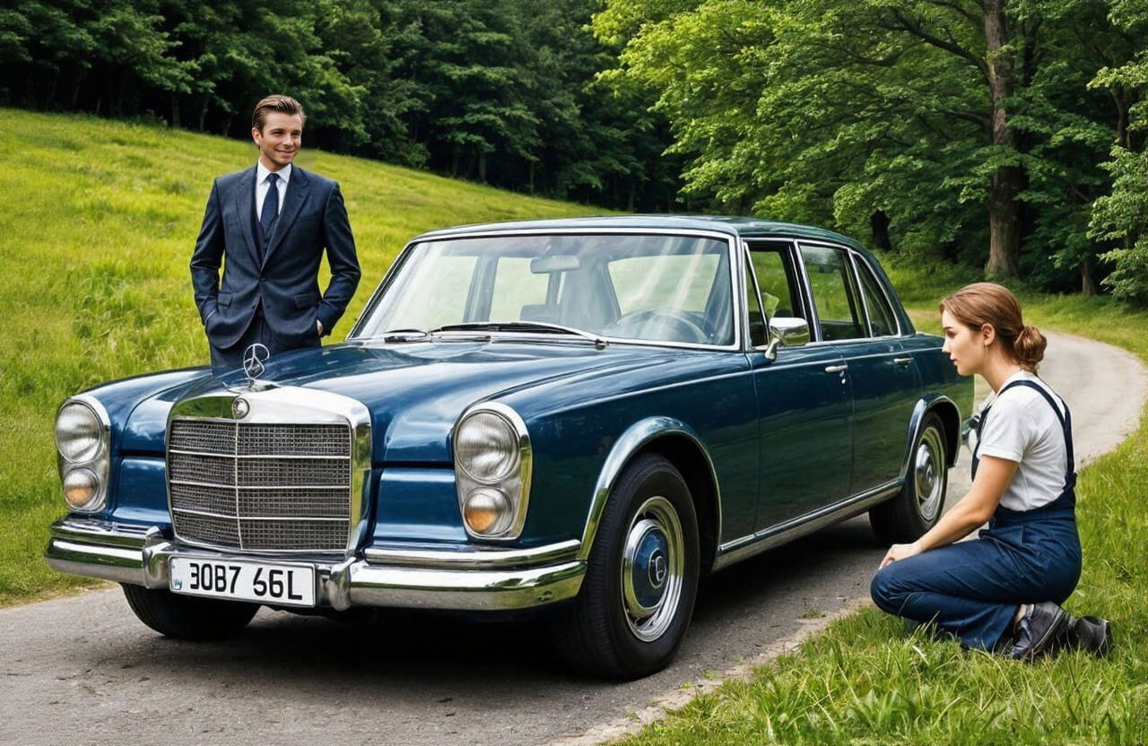 Mercedes-Benz 600 with Flat Tire and Repair Scene
