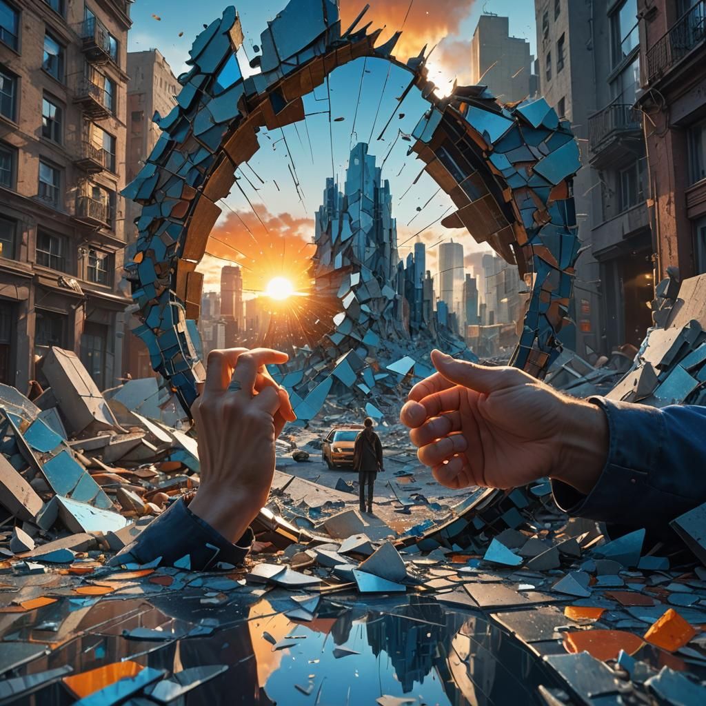 Chaotic Cityscape with Shattered Mirror in Fantasy Style